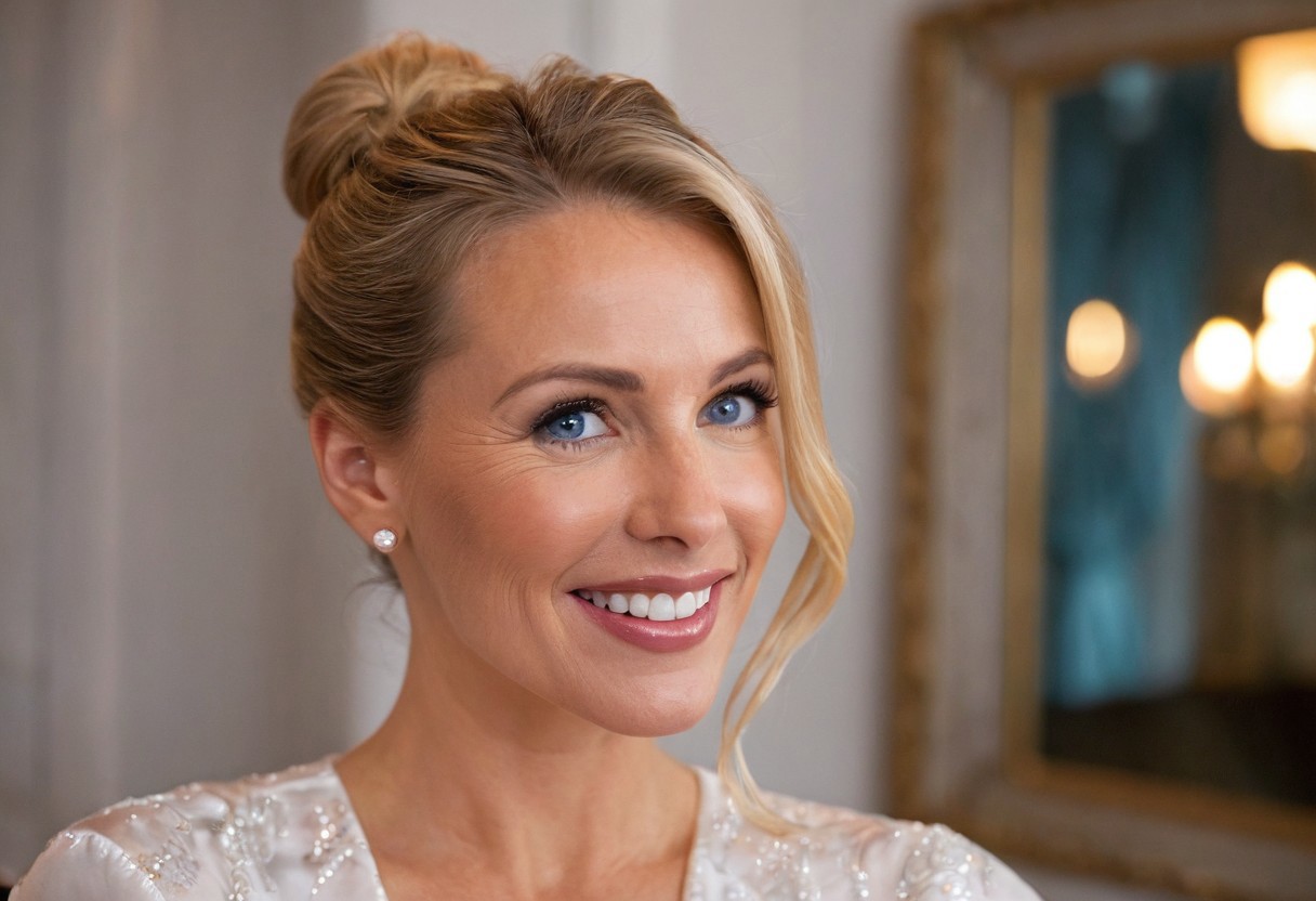 A hyper-detailed, high-resolution (8K) close-up portrait of a 40-year-old woman with sleek blonde hair tied back in a soft bun, wearing a light, airy white blouse. Her striking blue eyes gleam with happiness, framed by delicate laugh lines that enhance her natural charm. The background is intentionally blurred, suggesting an opulent hotel lounge—crystal chandeliers, velvet drapes, and the soft glow of candlelight reflecting in gilded mirrors. Shot with a Hasselblad H6D-100c medium-format camera, using a tight crop and a shallow depth of field (f/2.8) to capture the luminous quality of her skin against the rich, moody backdrop. The lighting is sumptuous and directional, evoking the elegance of classic Hollywood portraiture."