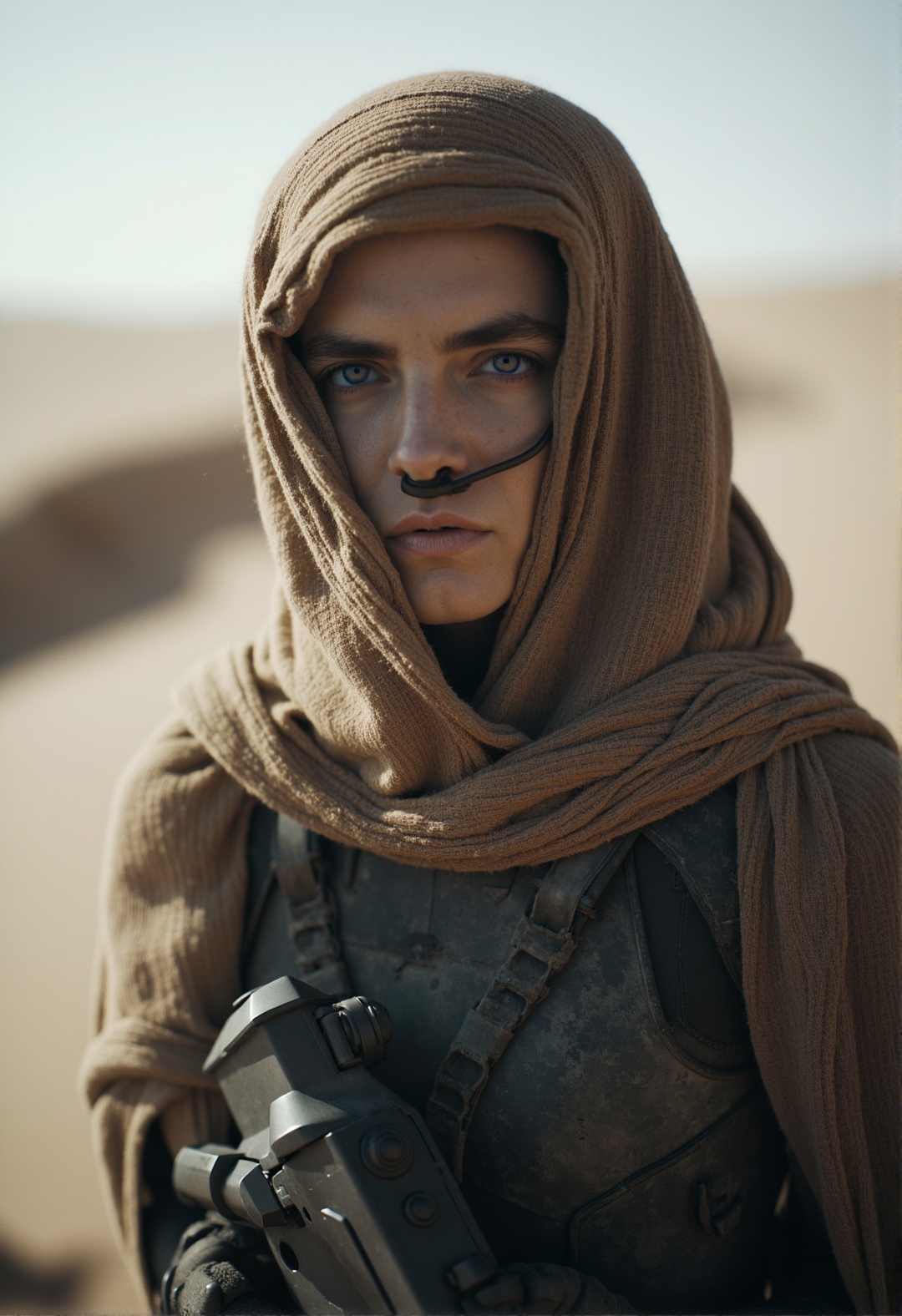 <lora:ck-dune-style_r1-000017:1>, ckdunestyle, ckmoviestyle, a warrior holding a gun, dark blue eyes, desert environment