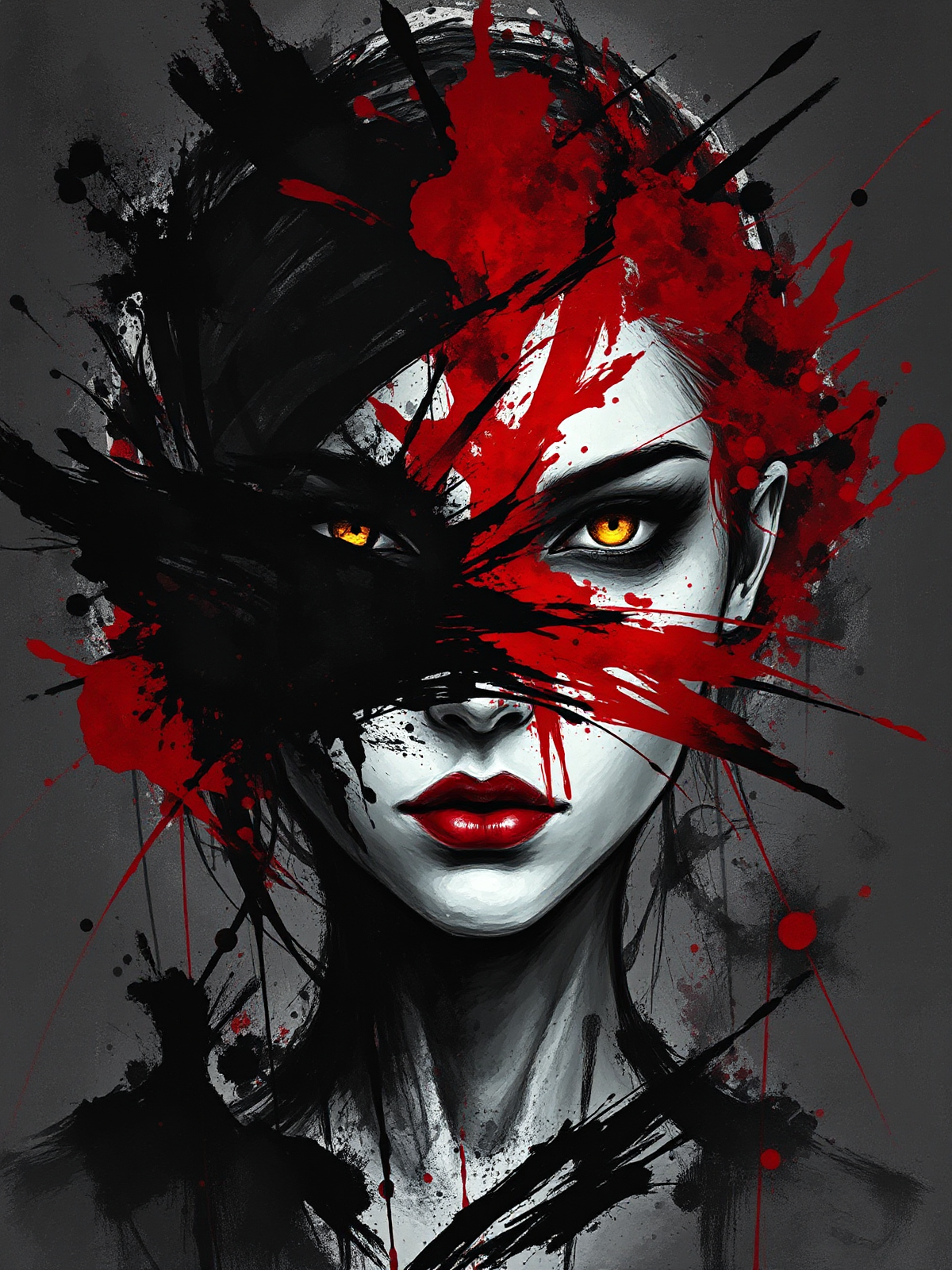 A mysterious woman’s portrait in a dark fantasy style, created with bold ink-like brush strokes and chaotic splatter elements. The face is partially obscured by dynamic black and crimson splashes, while glowing golden eyes peer through the abstract chaos. The background has a deep, moody texture with artistic splashes surrounding the figure