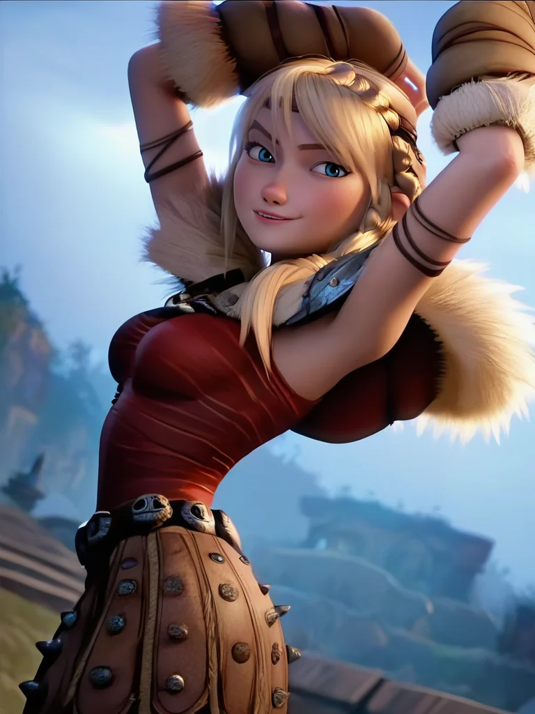 score_9, score_8_up, score_7_up, 1girl, dynamic pose, cowboy shot, looking at viewer, sexy pose, sexually suggestive, naughty face, dutch angle, valley, vegetation, arms up, from side,,
<lora:AastridXLP_character:1>, AstridXL, blonde hair, blue eyes, braid, shoulder armor, pauldrons, pants, skirt, fur trim, red shirt, screencap,