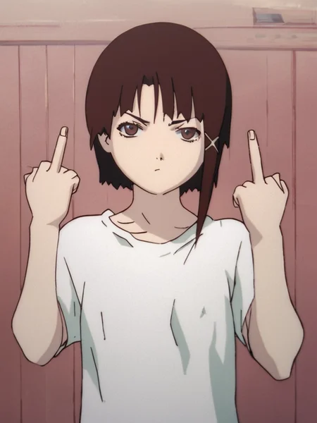 score_9, score_8_up, score_7_up, score_6_up, score_5_up, score_4_up, BREAK source_anime, <lora:Lain_PonyXLv3:0.9> Lain, 1girl, indoors, looking at viewer, serious, (double middle finger), small breasts, bottomless shirt, white shirt, no pants, single sidelock, x hair ornament