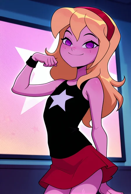 ((cartoon, screencap, )) <lora:lucysmall:1> lucysmall, solo, long hair, blonde hair, red hairband, black shirt, sleeveless, flat chest, star (symbol), purple eyes , tank top, wristband, miniskirt, red skirt, dynamic pose, looking at viewer, smile,, masterpiece, best quality, amazing quality, very aesthetic, absurdres, newest,