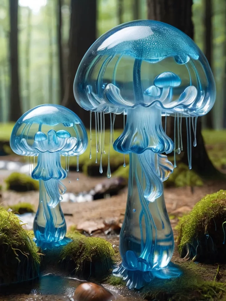 blue jellyfish,mushroom, nature, forest, outdoors, tree, walking, water, river <lora:ral-blueresin-sdxl:1> made of ral-blueresin