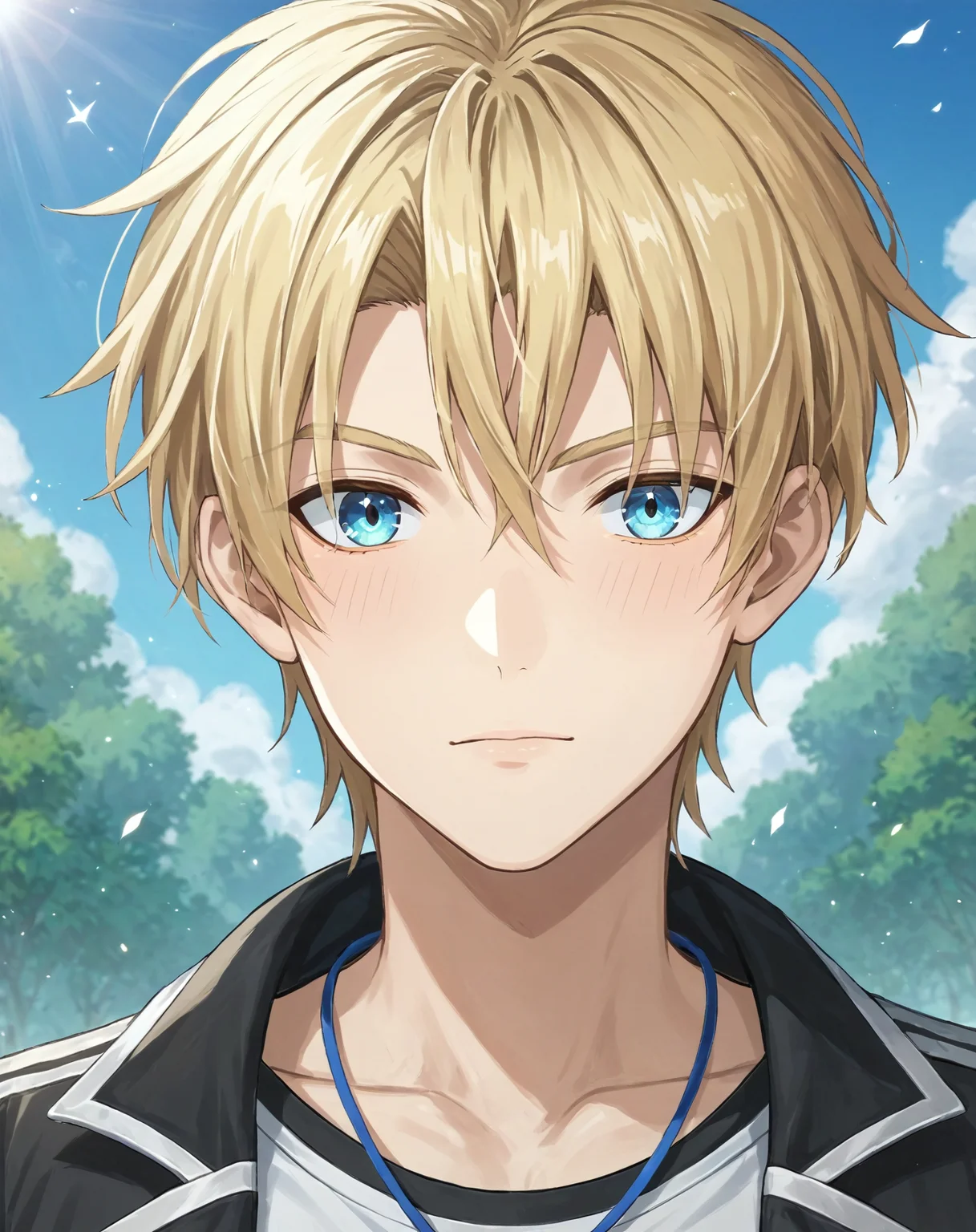 score_9, score_8_up, score_7_up, original style, depth of field, BREAK, rating_safe, 1boy, solo, yaoi, male focus, portrait, skinny, <lora:brammashell_pony:1> brammashell_gc, blonde hair, blue eyes, short hair, hair between eyes, bangs, casual, looking at viewer, facing viewer, day,<lora:sdxl_lightning_8step_lora:1> <lora:xl_more_art-full_v1:0.5> <lora:Pony_DetailV2.0:1> <lora:Pony_QualityV4.0:1>