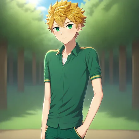 1boy, green eyes, solo focus, blonde hair, solo, short hair, bangs