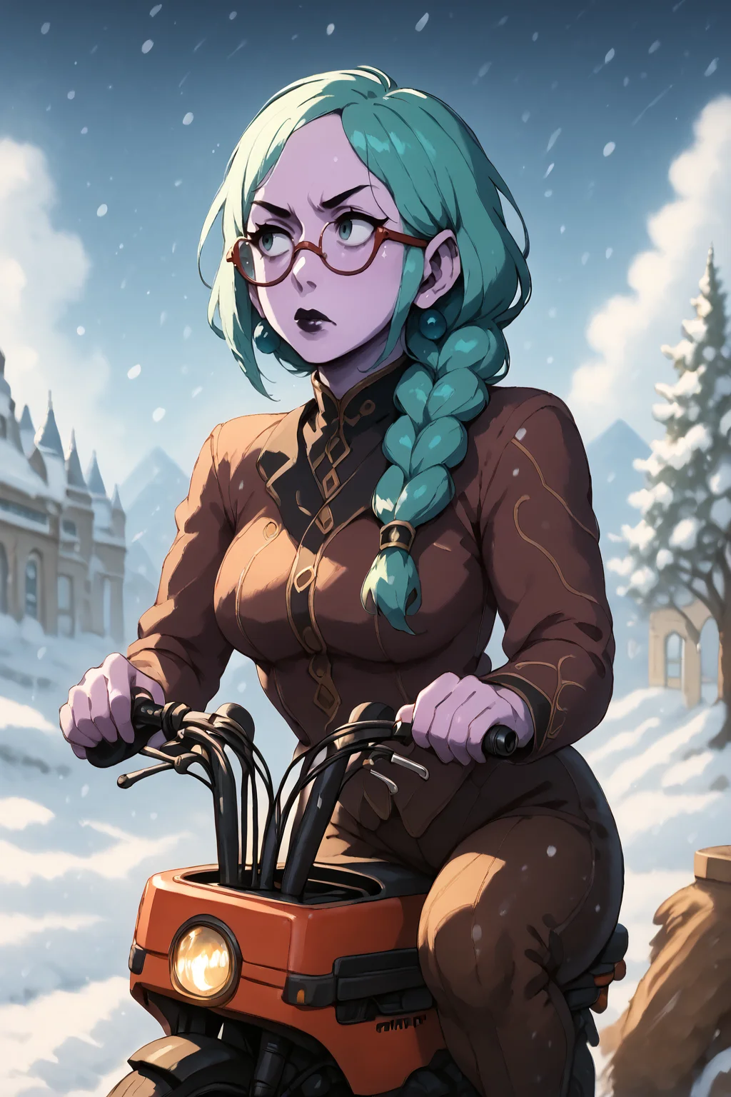 purple skin, teal hair, big round cheery red glasses, colored glass glasses, bored look in her eyes, sparkly black lipstick, hair sticks, hair in braid, <lora:RD-MAnon-XLV1.1:1>, inf front of a café looking out over a artic snow field, ((motocompo)), solo, standing, behind <lora:motocompo_detailed:1.5> ground vehicle, riding motocompo, , source_anime, score_9_up, score_7_up, score_8_up