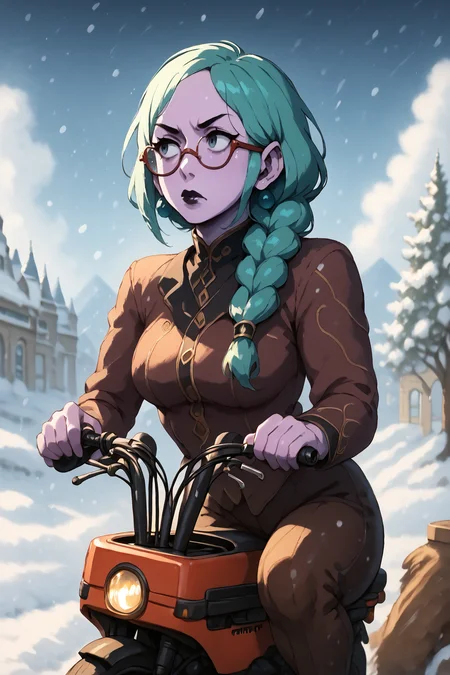 purple skin, teal hair, big round cheery red glasses, colored glass glasses, bored look in her eyes, sparkly black lipstick, hair sticks, hair in braid, <lora:RD-MAnon-XLV1.1:1>, inf front of a café looking out over a artic snow field, ((motocompo)), solo, standing, behind <lora:motocompo_detailed:1.5> ground vehicle, riding motocompo, , source_anime, score_9_up, score_7_up, score_8_up
