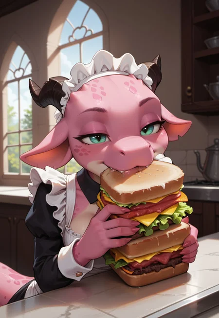 safe_pos, score_9, score_8_up, score_7_up, source_furry, source_fantasy, highres, high quality, perfection, masterpiece, detailed, aesthetic, well-lighted,
indoors, mansion, kitchen, fancy interior, 
1girl, solo, (face focus:1.2), (close-up:1.2),
scalie female, (anthro kobold girl:1.2), shortstack, short stature, :3, pink scales, pink skin, patterned skin, black pattern, black dragon horns, beautiful girl, cute girl, youthful, young, medium breasts, (no hair, hairless, bald), beautiful face, detailed face, perfect eyes, detailed eyes, green eyes, long tail,
maid outfit, cleavage,
mouth hold, open mouth, biting, chewing, sandwich in mouth, hungry, holding sandwich, looking at sandwich, half-closed eyes, (saliva: 1.3),