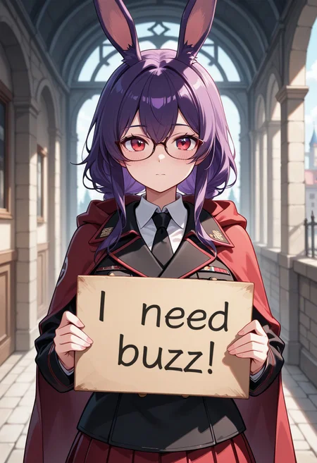 masterpiece, best quality, (((1girl))), female, purple hair, rabbit ears, (red skirt), white shirt, (fancy black military uniform), red cape, glasses, red eyes, need_buzz, holding sign, BREAK
castle courtyard