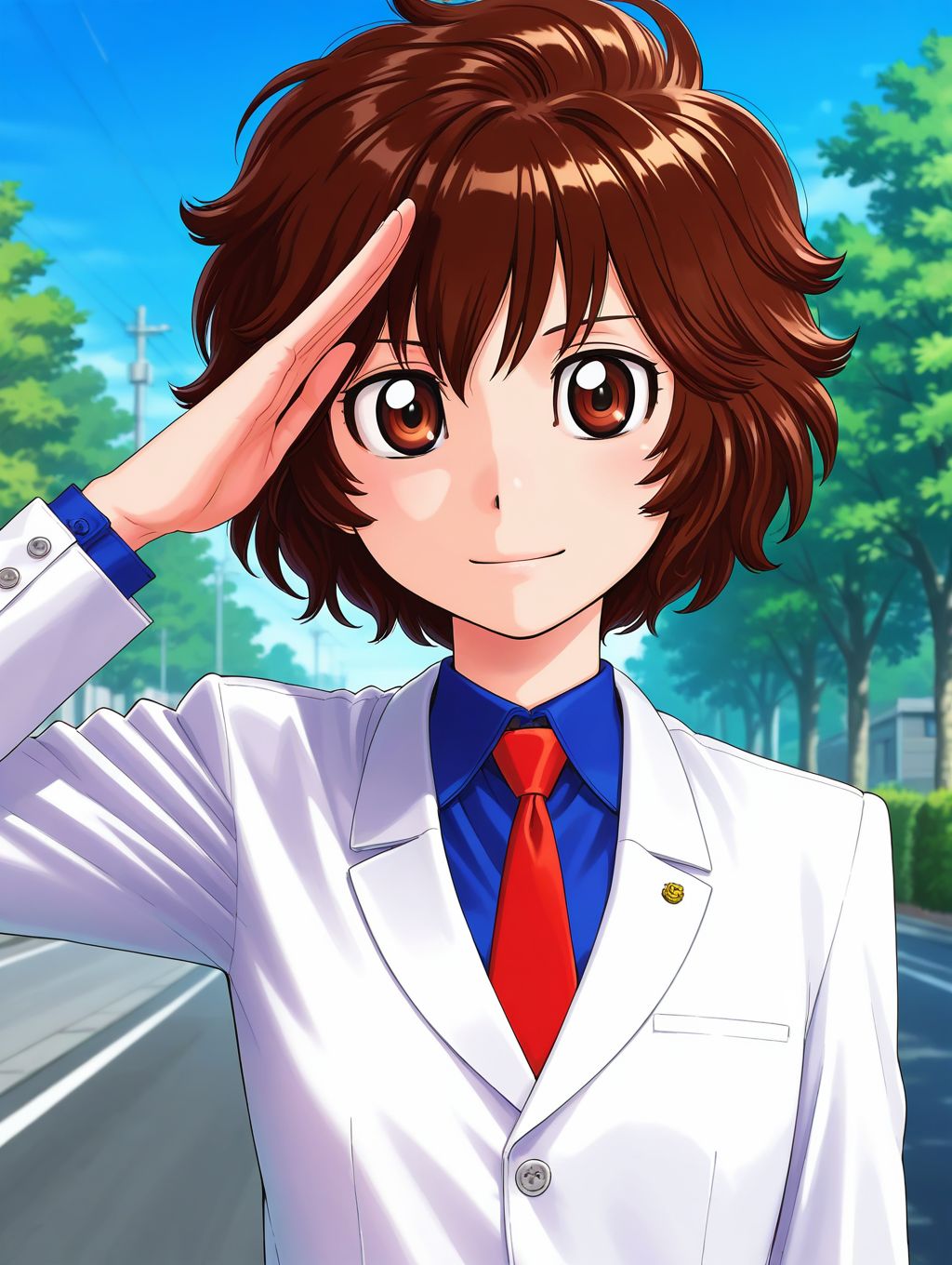 1girl,<lora:marnie_ill_v2.1:0.9> toshimarnie, short hair, messy hair, brown hair, brown eyes,white jacket, shirt, necktie,BREAK
looking at viewer,smile,salute,BREAK
explicit,masterpiece,best quality,amazing quality,tree,road,blue sky,