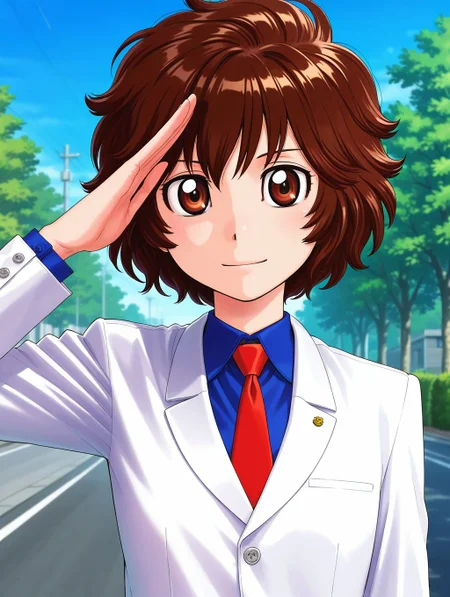 1girl,<lora:marnie_ill_v2.1:0.9> toshimarnie, short hair, messy hair, brown hair, brown eyes,white jacket, shirt, necktie,BREAK
looking at viewer,smile,salute,BREAK
explicit,masterpiece,best quality,amazing quality,tree,road,blue sky,