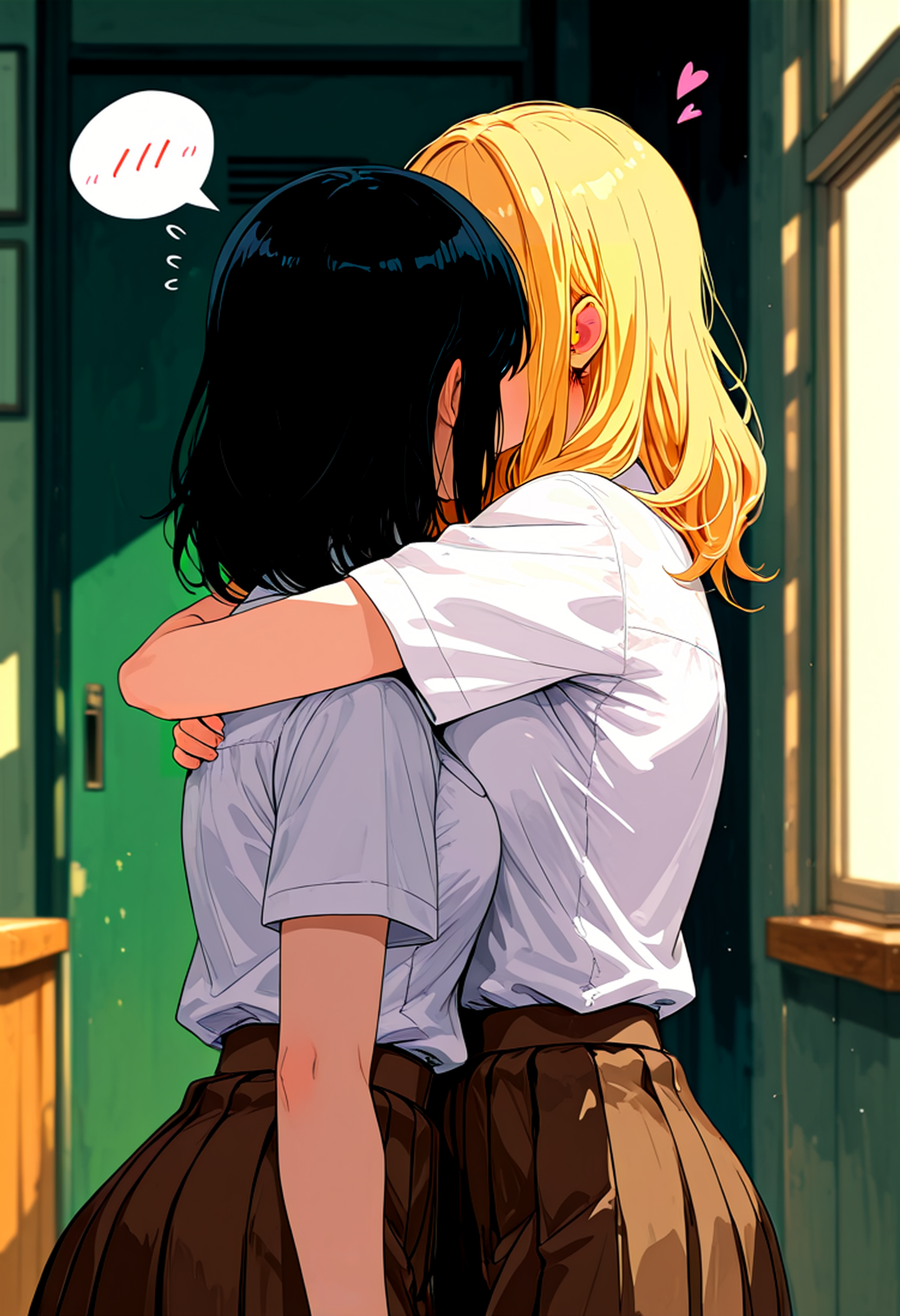 masterpiece, best quality, absurdres, highres, very awa, delta,detailed_background,indoors,brown skirt,highres,black hair,school uniform,short sleeves,blonde hair,pleated skirt,medium hair,spoken blush,yuri,2girls,shirt,long hair,white shirt,skirt,heart,hug,hoshizora no shita,multiple girls