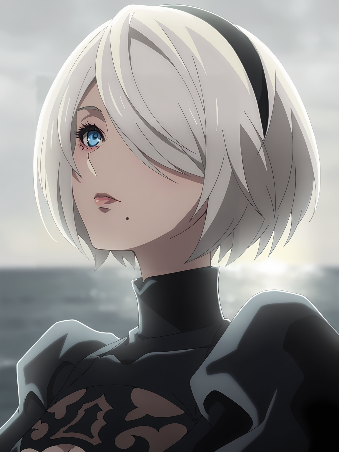 <lora:2B_v6:0.7>, 2b (nier:automata), 1girl, solo, white hair, short hair, blue eyes, mole under mouth, lips, juliet sleeves, black hairband, cleavage cutout, black dress, outdoors, portrait, grey sky, ocean, backlighting, looking up, closed mouth, blurry background, one eye covered