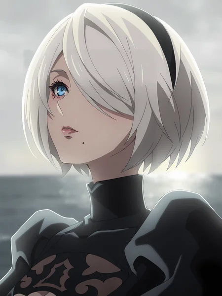 <lora:2B_v6:0.7>, 2b (nier:automata), 1girl, solo, white hair, short hair, blue eyes, mole under mouth, lips, juliet sleeves, black hairband, cleavage cutout, black dress, outdoors, portrait, grey sky, ocean, backlighting, looking up, closed mouth, blurry background, one eye covered