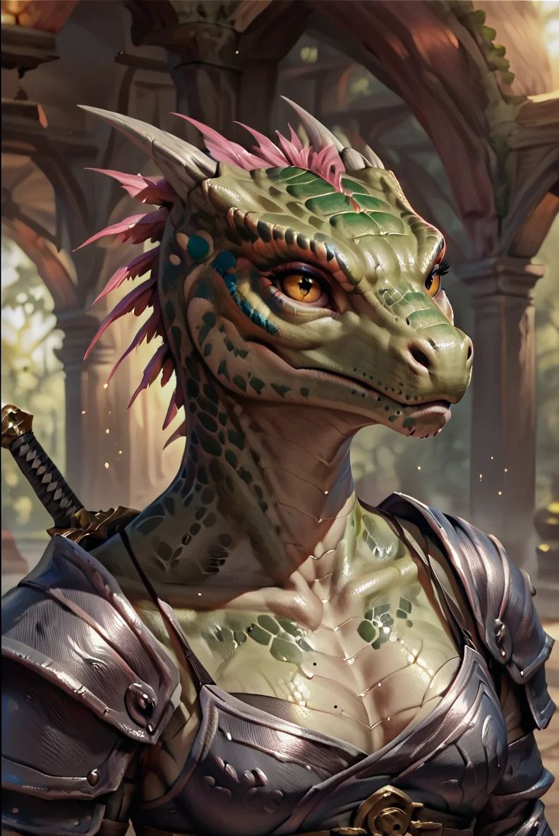 score_9, score_8_up, score_7_up, ((Lizard girl)), (Detailed scales, 3d scales, HD scaled body, 8k), lizard wearing samurai armor, sword, (Dtailed scaled face, highky detailed face), (portrait) <lora:Concept Art Eclipse Style LoRA_Pony XL v6:1>, <lora:Female_Argonian:1>
