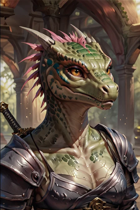 score_9, score_8_up, score_7_up, ((Lizard girl)), (Detailed scales, 3d scales, HD scaled body, 8k), lizard wearing samurai armor, sword, (Dtailed scaled face, highky detailed face), (portrait) <lora:Concept Art Eclipse Style LoRA_Pony XL v6:1>, <lora:Female_Argonian:1>