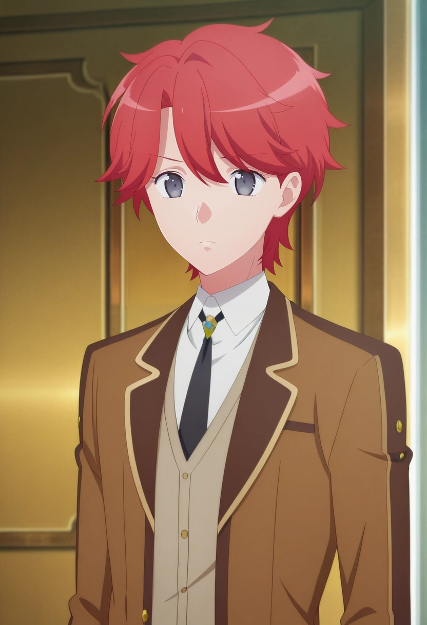 masterpiece, best quality, intricate details, anime screencap, anime coloring, official style,, 1boy, solo, male focus, <lora:sirius_dieke_ilxl:0.92>, sirius_dieke, red hair, grey eyes, short hair, brown jacket, black necktie, school uniform, white shirt, collared shirt, ,