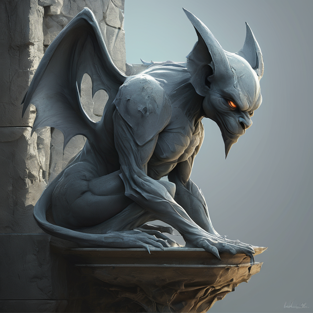 <lora:artfullygargoyle_sdxl_v1:1>,Logo,Gargoyles are magical creatures that were originally created by a very powerful cleric from stone statues. The first gargoyles were terrible winged stone monsters,designed to protect holy places from evil spirits. Still,during a huge magical battle,their inner being was altered and they became fully conscious creatures that have a very high affinity for magic. After centuries of magical modifications and enhancements,gargoyles are nowadays a very much changed race that is not warlike at all but rely entirely upon magic,