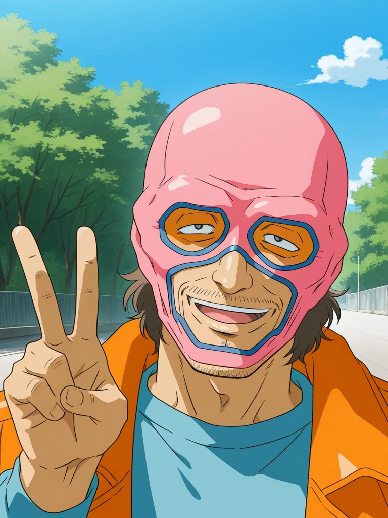 general,highres, ultra-detailed,very aesthetic,best quality ,best hands, BREAK <lora:Minami_Nadeshiko_OVA_IS:1> Itou_Kisaku_OVA, 1boy,solo, pink mask, male focus, black eyes, old man,
outdoor, day, sky, happy, v,