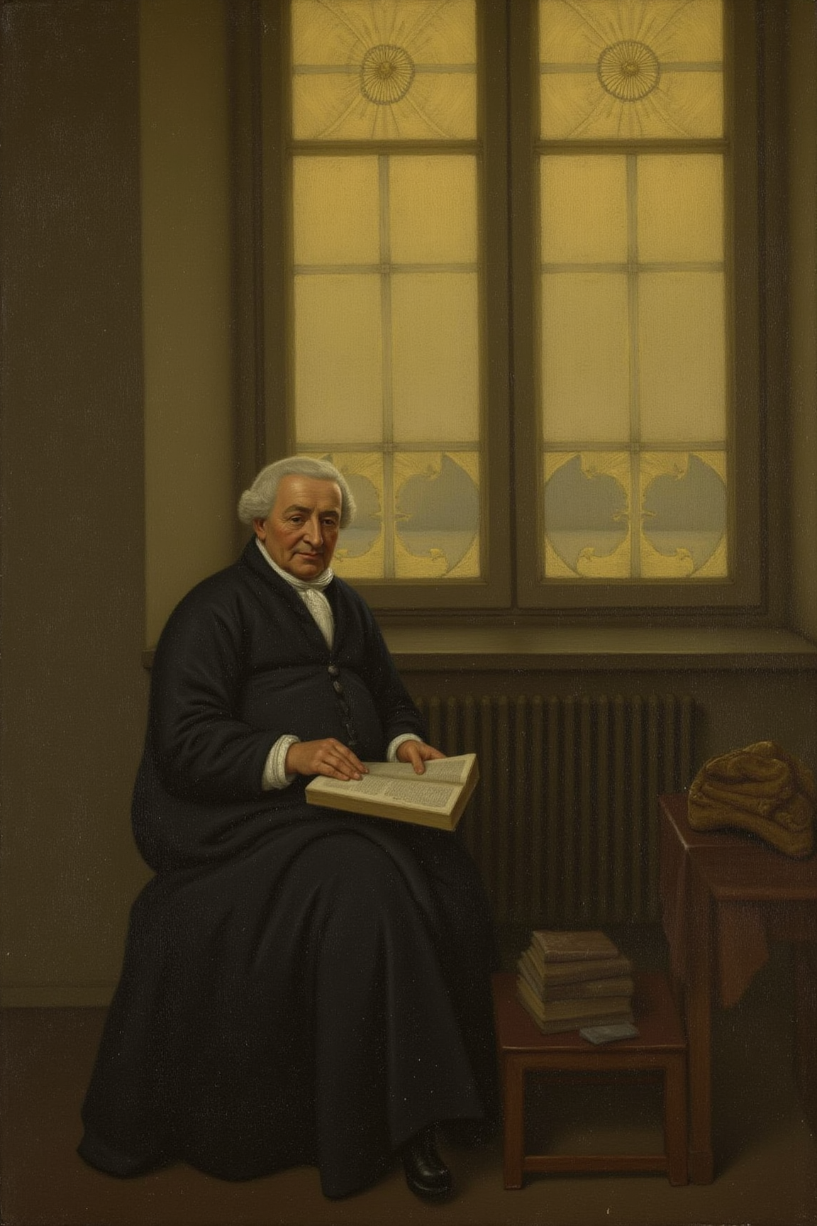 yfg-p@int, Painting of a quiet study with warm golden light, captured with a traditional medium such as oil or egg tempera on canvas. Set the subject in the soft, diffused light that streams through a large window, reminiscent of 17th-century Dutch Golden Age lighting conditions. The composition should focus on the rule of thirds, placing the main subject - likely an older gentleman or lady reading or engaging in a quiet activity - slightly off-center within the frame. Adjust the brushstrokes to create subtle, nuanced textures and atmospheric effects that evoke a sense of depth and luminosity. Set the mood with warm, rich colors, using earthy tones to convey a sense of comfort and tranquility. Soft shadows and reflections can be used to add depth and emphasize the subject's features, while the background should remain subtly blurred to draw attention to the main subject. Consider using chiaroscuro to create areas of strong contrast between light and dark, adding drama and visual interest to the painting.