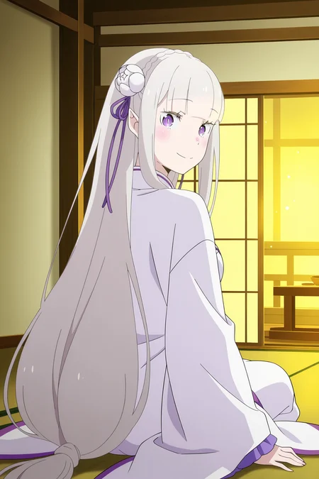 anime screencap, anime coloring, detailed face, masterpiece, best quality, very aesthetic, absurdres, bokeh, volumetric lighting, official style, amazing quality, ultra detailed,  highres, amazing quality, scenery, beautiful detailed hair, beautiful detailed eyes,
 <lora:Emilia_ReZero_Season_3_-_V2:1>
inside,
1girl, emilia (re:zero), long hair, solo, hair ribbon, hair flower, flower, hair ornament, ribbon, white flower, grey hair, smile, indoors, tatami, braid, japanese clothes, very long hair, crown braid, sitting, Emilia standard outfit, looking back at the viewer, smile
