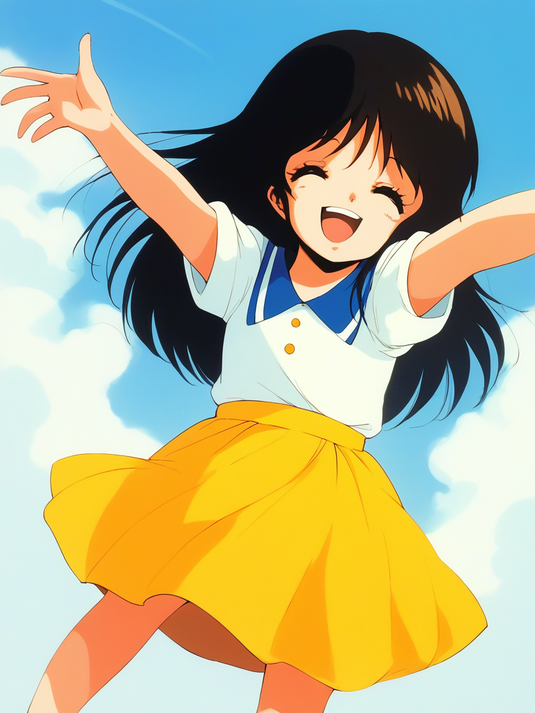 score_9, score_8_up, score_7_up, source_anime, rating_explicit, BREAK  <lora:NonomuraAmi_BeMybaby_Ver2.0_XL:1> NonomuraAmi, long hair, black hair, brown hair, flat chest,, closed eyes, bangs, short stack,
1girl, solo, fruit,   outstretched arms,   sky, smile,  long hair, spread arms, Yellow skirt, white sleeve, short sleeve,
smile, open mouth,
looking at viewer, 
cowboyShot,