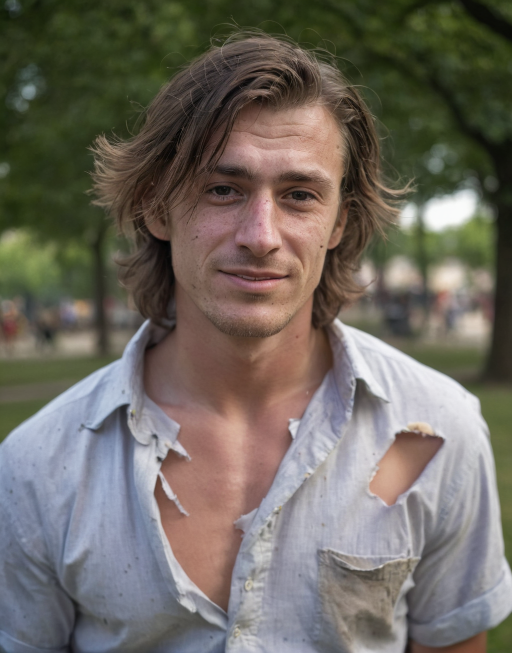 man who needs a haircut with shirt torn at shoulders <lora:tornclothesv6-8:0.7>, ( light freckles:0.4) over nose, hasselblad with dof, iso64, hair falling over torn shirt, natgeo portrait, his shirt is loose on his waist, bokeh at park, light smile at corners of lips,