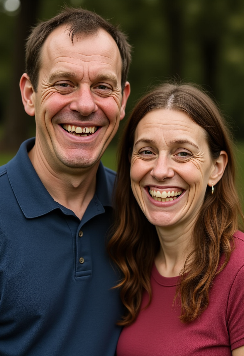 a man and woman with big smiles on their faces, standing in front of a blurred background.