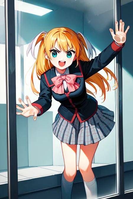 score_9, score_8_up, score_7_up, score_6_up, rating_safe, source_anime, best quality, masterpiece, detailed background, detailed eyes, pressed against glass, indoors, <lora:tokido-saya-xl-05:1>, tokido saya, two side up, medium breasts, black uniform with red trim and pink bow, pleated grey plaid skirt, white socks, white kneehighs, smile, open mouth, angry eyebrows,