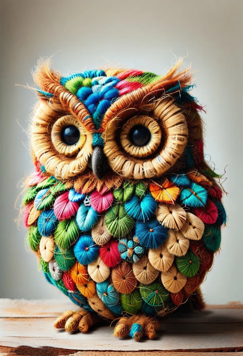 patchwork owl, pamcocomat owl, stitched together with vibrant flair, cozy, ptchkrawk,made of coconut,
best quality, masterpiece,