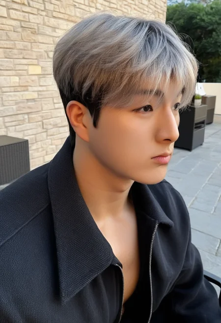 <lora:AsianGuy:1>, AsianGuy, (nodaeng:1.5),  masterpiece, ultra-HD, cinematic lighting, photorealistic, (impressionism:1.5), high detail, depth of field, (blurred background), (dramatic lighting),masterpiece, best quality, very aesthetic,8k,masterpiece, best quality, realistic, masterpiece, best quality, 8k,
, simple_background, short hair, asian boy, handsome man, korean man, extacy on face,, male focus, (best quality, 8K, high resolution, extreme detail, outstanding composition:1.4), Young man, wearing a black jacket, dark pants, relaxed pose, casual style, sitting outdoors, on a patio with stone wall, city buildings in background, natural sunlight, outdoor setting, photorealistic style, medium shot, subject positioned center, facing slightly to the viewer, sharp focus, clear composition, vibrant colors, (detailed skin texture:1.2), outdoor cafe setting, calm atmosphere, clear day, high detail, BREAK ((insanely handsome boy)), ((detailed face))), (((perfect detailed handsome face))), blonde, dark blue eyes, crew cut hair, Sicily, Italy, Mediterranean landscape, BREAK Technicolor style, Classic Film Noir style, 1950's Technicolor style