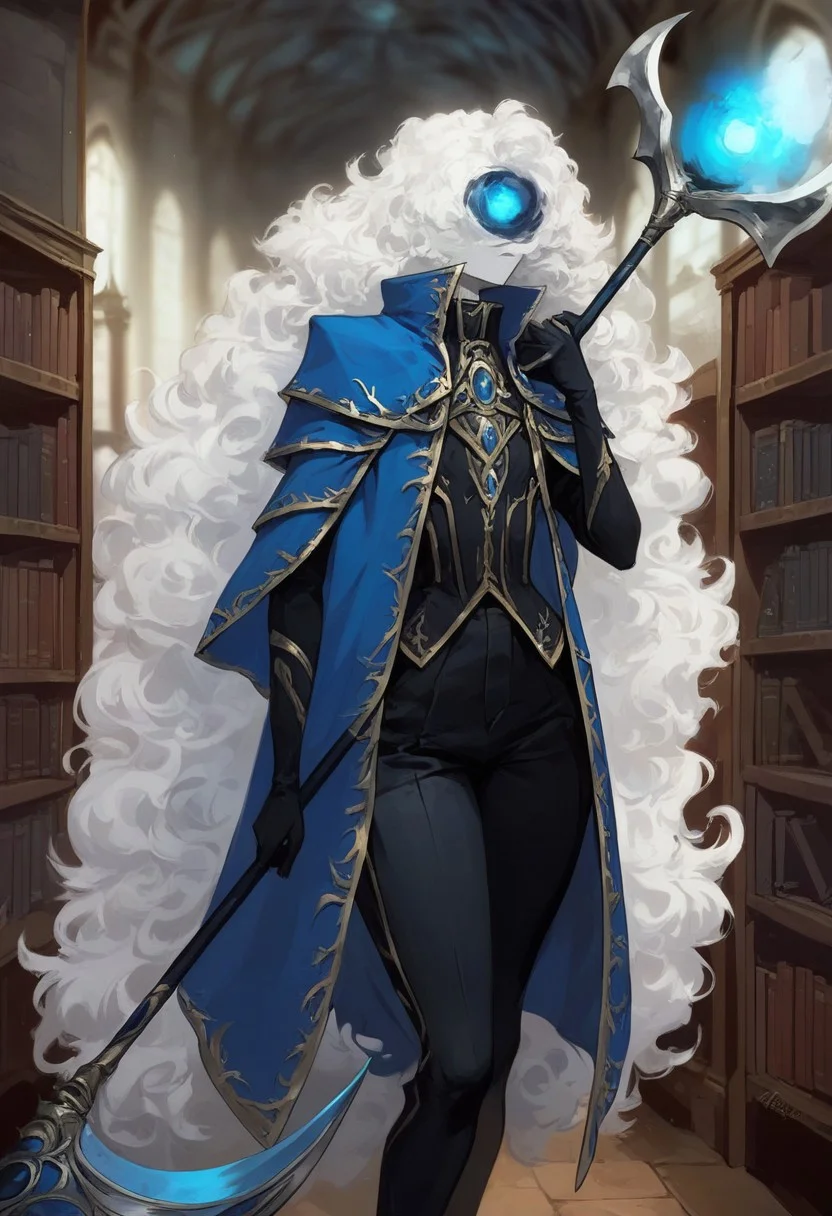 (score_9, score_8_up:1.1), score_7_up, masterpiece, <lora:Argalia_Distorted_Library_Of_Ruina:1>, BREAK
ArgaliaDistortedLOR, vortex instead head, solo, long hair, wavy hair, blue eye, holding, standing, weapon, white hair, pants, (indoors, library), holding weapon, glowing, black pants, cloak, 1other, (small breasts, wide hips, small waist), scythe, one-eyed, holding scythe, blue cloak, no humans, BREAK
Easynegative