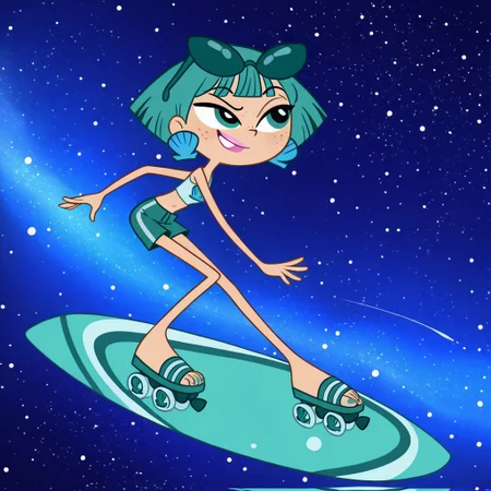 masterpiece, best quality, amazing quality,
perfect cute face, on model, accurate art style, cartoon screencap, show accurate, neptunemwatgg, 1girl, solo, freckles, aqua hair, short hair, aqua eyes, light pink lipstick, shell earrings, light blue crop top, aqua shorts, blue toenail polish, open toed shoes, aqua roller skates, aqua sunglasses, sunglasses on head, riding surfboard, surfing, full body, smirk, bent knees, space, stars