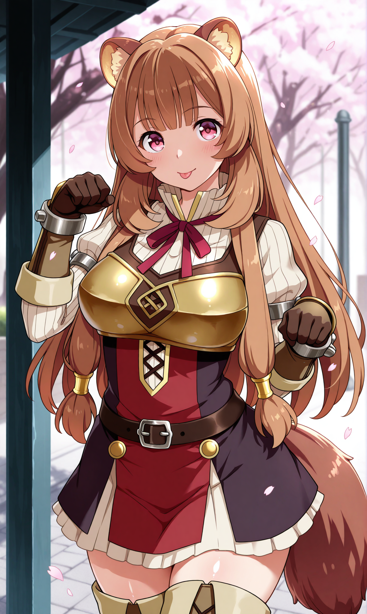 1girl, solo, masterpiece, best quality, amazing quality, street, cherry blossoms, shiny skin,  <lora:raphtalia_illust_scarxzys:1>, ,raphtalia, long hair, bangs, brown hair, animal ears, raccoon ears, raccoon tail, raccoon girl, pink eyes, long sleeves, sweater, ribbed sweater, puffy sleeves, breastplate, ribbon, red ribbon, gauntlets, glove, brown gloves, belt, skirt, armor, thigh boots,  paw pose, :p