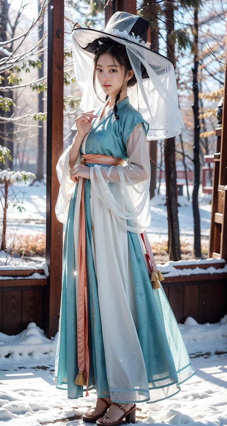 1girl, (veil_hat, hanfu), stand, full body, White hair, outdoor, snowing, snow, ice, masterpiece, best quality, 8k