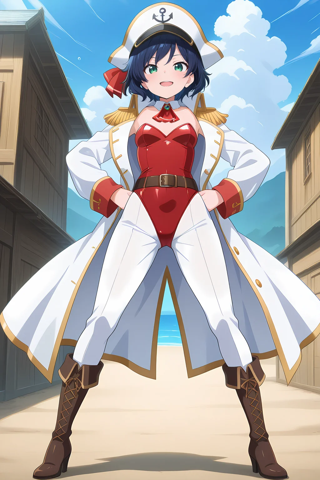 absurdres, highres, masterpiece, best quality, amazing quality, official anime artwork, screencap, anime screencap, outdoors, looking at viewer, light smile, open mouth, dynamic pose, 
 <lora:Minamitsu-Murasa_Illustrious:1> murasa minamitsu, 1girl, solo, green eyes, blue hair, short hair,, alternate costume, white hat, pirate hat, belt, white coat, detached collar, epaulettes, flintlock, fringe trim, high heel boots, leotard, nontraditional playboy bunny, open clothes, open coat, pants, strapless leotard,