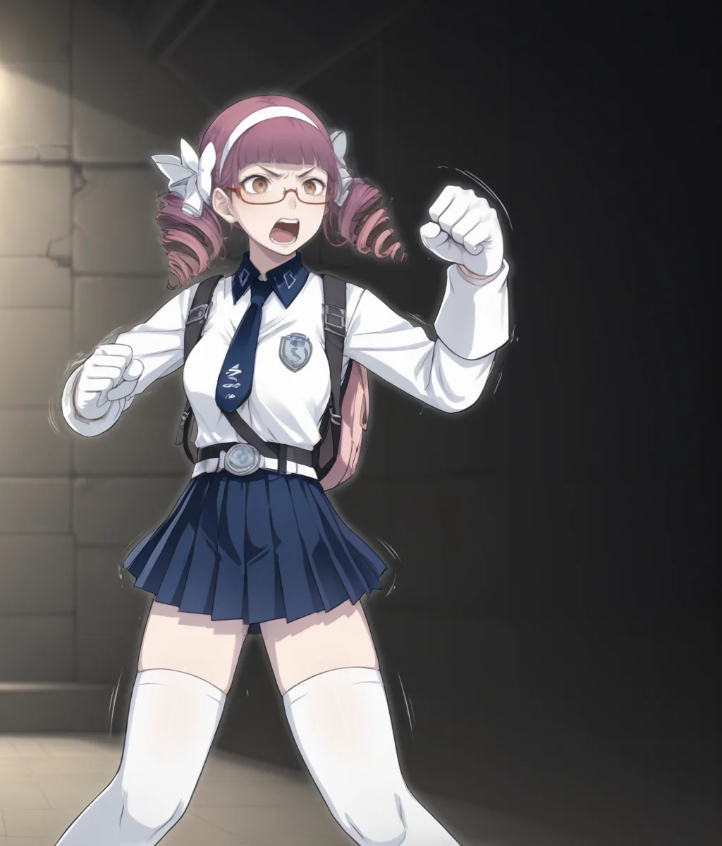 score_9, score_8, score_7, from side, cowboy shot, solo, 1girl, <lora:Mana_Kawai_PXL:1> mana_kawai, twin drills, half-rim glasses, brown eyes, yelling, white shirt, belt, white gloves, backpack, pleated skirt, white thighhighs, punching, punch, fist, (jab:1.2), punching wall, cracked wall, motion lines, dynamic, motion blur BREAK indoors, sci-fi, white ceilings, white floor, artificial lighting