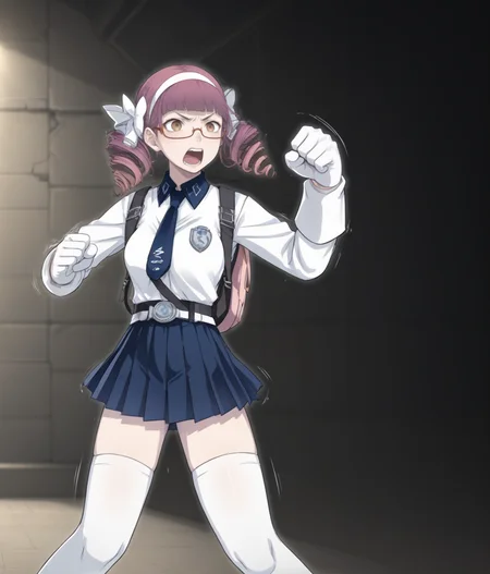 score_9, score_8, score_7, from side, cowboy shot, solo, 1girl, <lora:Mana_Kawai_PXL:1> mana_kawai, twin drills, half-rim glasses, brown eyes, yelling, white shirt, belt, white gloves, backpack, pleated skirt, white thighhighs, punching, punch, fist, (jab:1.2), punching wall, cracked wall, motion lines, dynamic, motion blur BREAK indoors, sci-fi, white ceilings, white floor, artificial lighting