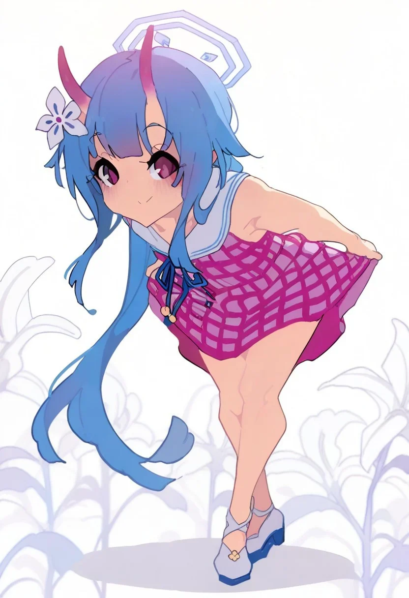 chise \(blue archive\), pink gingham dress, skirt hold bowing, crossed legs, leaning forward, Kakure_Eria. flower trestle background