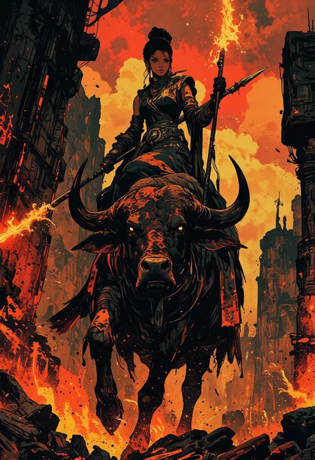 A woman with an imposing, otherworldly appearance rides atop a colossal black buffalo, its muscular form exuding raw power, with massive, curved horns engulfed in crimson-red fire. Her piercing, glowing eyes burn with intensity, framed by high cheekbones and a sleek, sculpted headdress of twisted black horns. She wears an intricate, battle-worn ensemble of dark, flowing fabrics interwoven with metallic filigree, exuding both regality and menace. In her grasp, she wields a long, jagged spear, its tip ablaze with roaring fire, casting flickering shadows across the desolate landscape. The ground beneath her is covered in layers of ash, scattered bones, and remnants of ancient, crumbling pyres. Towering, weathered stone pillars rise from the scorched earth, draped in tattered prayer flags that flutter in the eerie, smoke-filled air. The sky above swirls with deep crimson and obsidian clouds, illuminated by the smoldering embers of distant funeral fires. An ominous wind howls through the ruins, carrying the distant echoes of ritual chants, blending with the low, guttural breaths of the buffalo as it trudges forward, leaving a trail of scorched earth in its wake. The atmosphere is thick with the weight of history, the fusion of fire, death, and power manifesting in a vision of relentless dominance and spectral beauty. in the style of cksc,