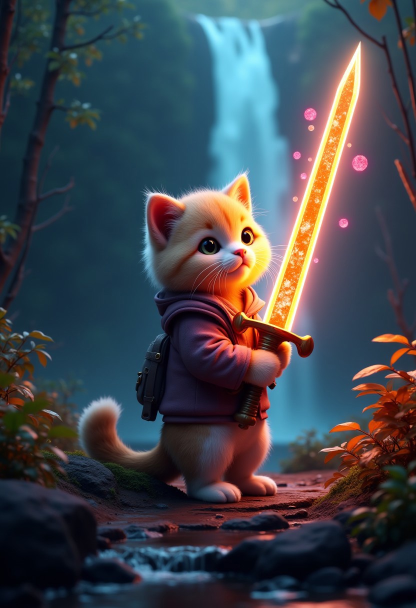 photorealistic,. a realistic human-like fluffy kitten holding a legendary sword. the sword is bright and colorful, emits powerful aura ,surrounded dark forest. very detailed, amazing quality, intricate, cinematic light, highly detail, beautiful, cinematic lighting,, near a waterfall and rare plants, 3d cg, 8k