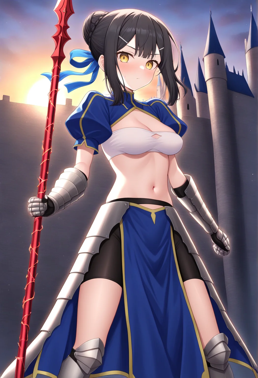 1girl, solo, medium breasts, black hair, medium hair, yellow eyes, hairpin, single hair bun, braid, tube top, blue shirt, clothing cutout, short sleeves, puffy sleeves, gauntlets, armor, bike shorts, long skirt, side slit, greaves, ribbon, holding spear, gae gae bolg \(fate\),  indoors, castle, sunrise stance, looking at viewer <lora:Miyu_Illus:1>, masterpiece, best quality, amazing quality, very aesthetic, absurdres, highres, newest