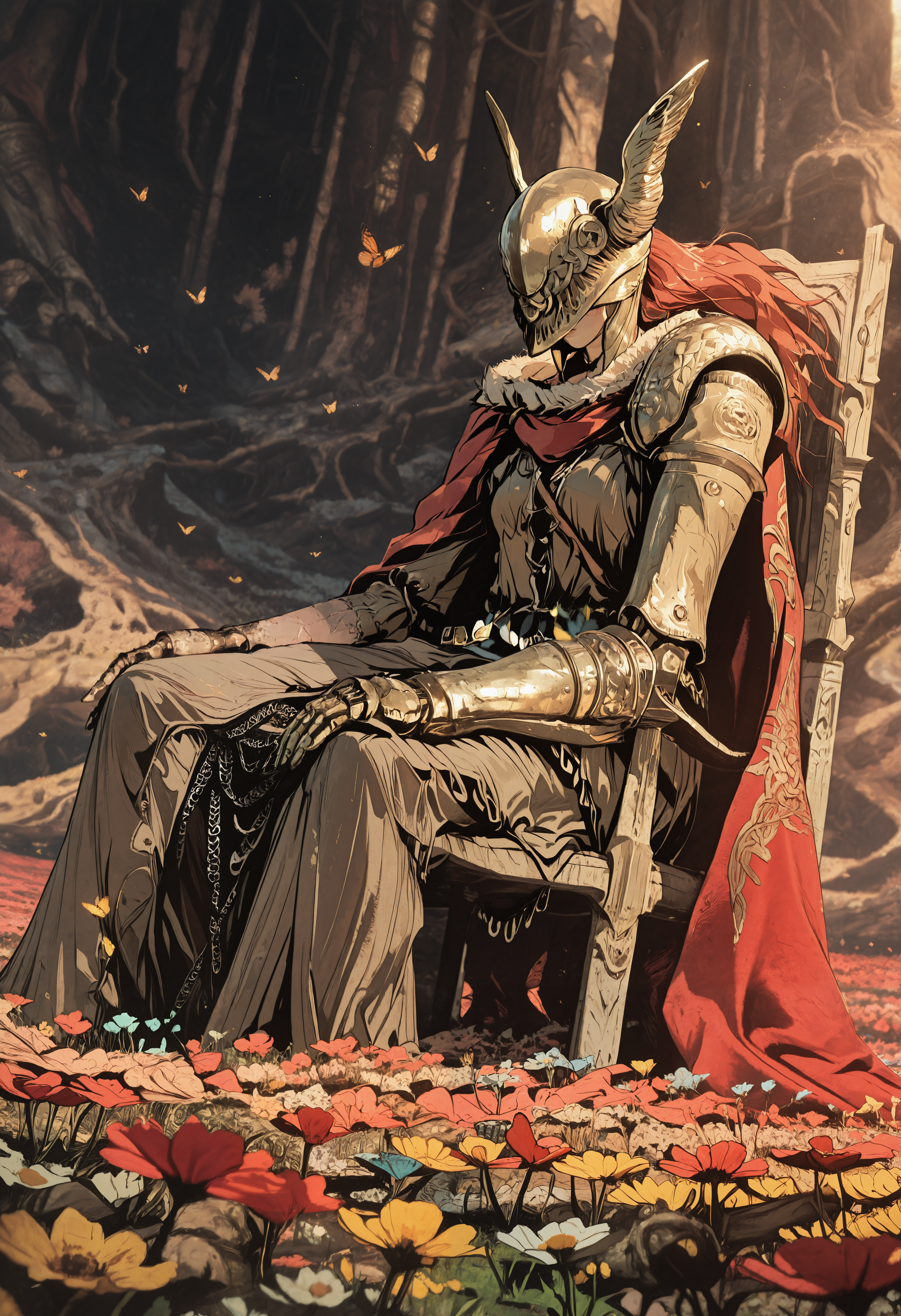 1girl,solo,weapon,malenia,blade of miquella,malenia \(elden ring\),helmet,red cape, prosthetic arm,covered eyes, mechanical arms, weapon, numerous butterflies, sitting on chair, sleeping, out stretch arm,  dutch angle, depth of field, close up shot, masterpiece, best quality, amazing quality, very aesthetic, absurdres,  (scenery, volumetric lighting), in the style of cksc