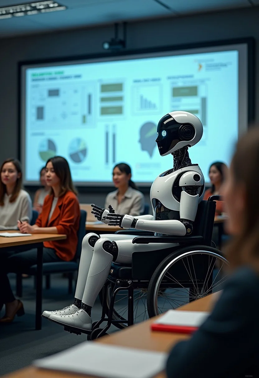Create a dynamic and thought-provoking image of a futuristic robot seated in a wheelchair, serving as a distinguished lecturer in a modern university lecture hall. The robot is positioned at the front of the room, engaging a diverse group of captivated students with a presentation on artificial intelligence and robotics. Detailed visual elements include a large digital screen displaying complex diagrams and data, and the students' desks scattered with notebooks and digital devices. The robot's sleek, metallic form and expressive digital display face are highlighted, conveying both intelligence and accessibility. Utilize lighting to focus on the robot, emphasizing its role as a knowledgeable educator, while a soft ambient light fills the hall, fostering an atmosphere of learning and inspiration. This scene should inspire reflection on the integration of advanced technology in education and the breaking of conventional barriers, showcasing the robot's ability to bridge these worlds with expertise and innovation.