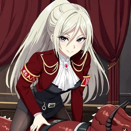 Elentzia_TR, pale blonde hair, ponytail, gray eyes, military uniform, medium breasts, belt, red necklace, red armband, dynamic shot, riding dragon bullride, looking at viewer, soft smile, 3/4 view, absurdres, 4kres, source_anime, score_7_or_higher, csr style, mammoth_metal_style