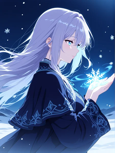 masterpiece, anime style, best quality, amazing quality, 4k, 8k, highres, cinematic scene, side view,
anime-style, enchanting female mage casting a snow spell, surrounded by swirling magical snowflakes, long light lavender hair, glowing pale blue eyes, wearing a detailed dark velvet cloak with frost-like patterns, night snowy landscape background, bluish ambient glow, focus on her pose and magic effect, fantasy aesthetic, forshortening, dynamic pose