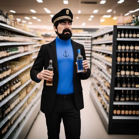 cinematic photo full body portrait robotic man , black hair, blue shirt, blush, black pants, facial hair, hat, buying alcohol in a grocery store <lora:Haddock1024:0.8> . 35mm photograph, film, bokeh, professional, 4k, highly detailed