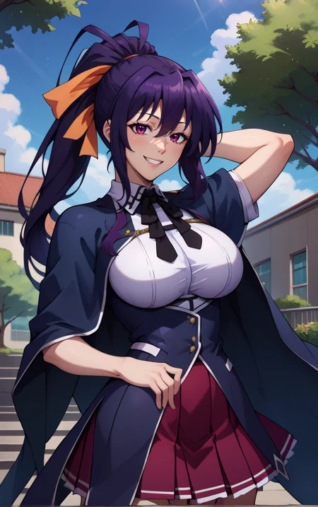 score_9, score_8_up, score_7_up, score_9, source_anime, BREAK <lora:akenohimejimadxd:1> akenohimejimaSDXL, 1girl, solo, long hair, breasts, looking at viewer, smile, skirt, large breasts, black hair, ribbon, hair between eyes, very long hair, school uniform, purple eyes, hair ribbon, ponytail, pleated skirt, outdoors, sky, day, cape, arm behind head, black cape, himejima akeno