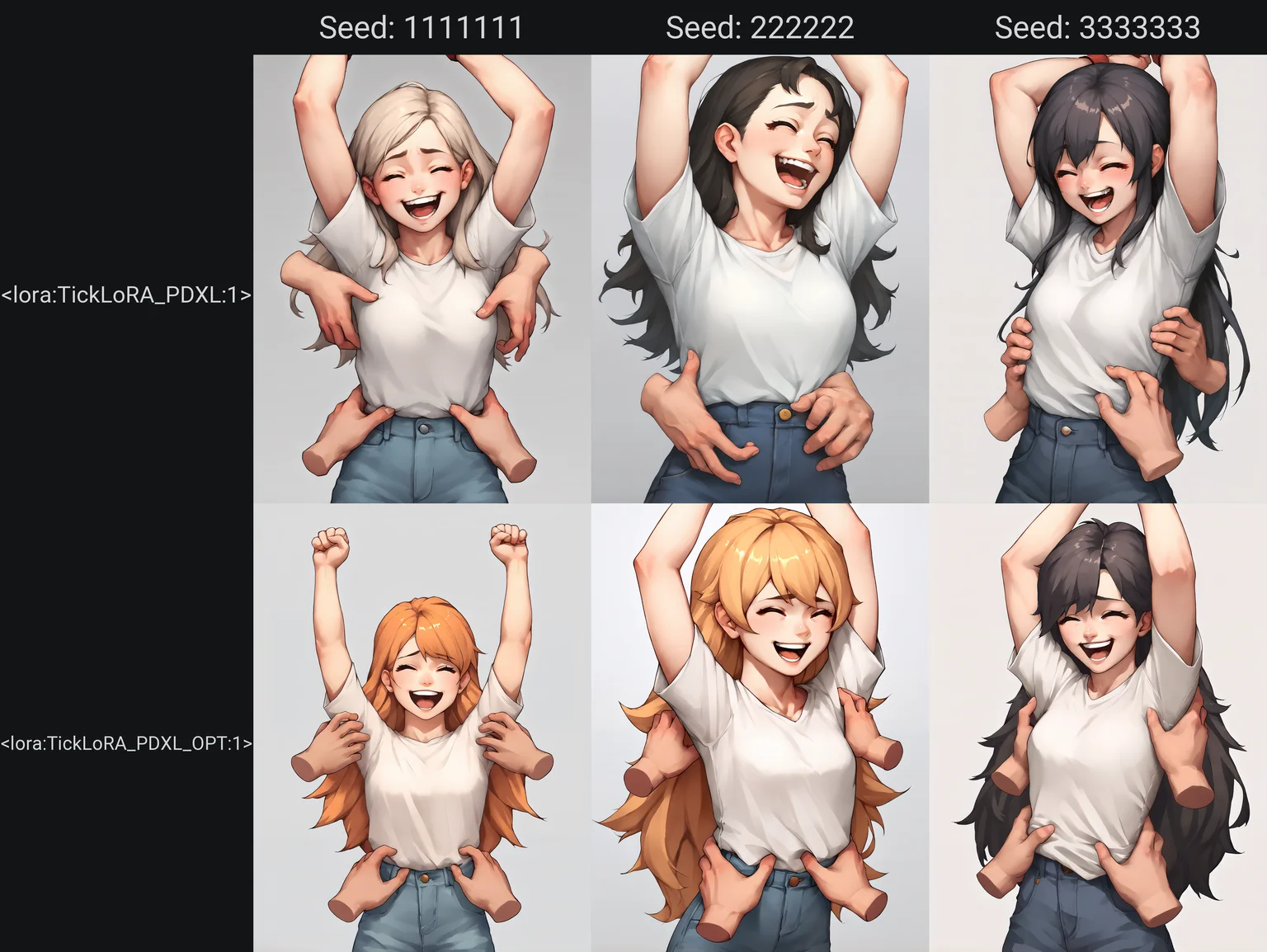 score_9, score_8_up, score_7_up, score_6_up, score_5_up, score_4_up, source_anime, rating_sfw, BREAK 1girl, long hair, shirt, smile, laughing, arms up, torso grab, disembodied limb, tickling, <lora:TickLoRA_PDXL:1>