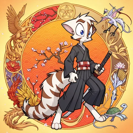 Mace, Dreamkeepers, anthropomorphic, feline-like, spiky hair, tail, muscles
solo, blue eyes, black nose, Digitigrade,
,<lora:Dreamkeepers_Mace_Illustrious:0.8>,
score_9, score_8_up,
1boy, source_furry, masterpiece, best quality, perfect eyes, amazing quality, male, masterpiece, best quality, highres, digital artwork, fantasy anime style, young woman, elaborate updo, golden hairpins, small ornaments, traditional Japanese kimono, black kimono, intricate floral patterns, geometric patterns, colorful patterns, long sleeves, puffed sleeves, wide decorative sash, katana, ornate sword hilt, tattoos, elaborate tattoos, gold and red tapestry, stylized dragon, mystical symbols, elegance, strength, traditional Japanese aesthetics, modern fantasy twist, kimono patterns, Japanese geometric patterns, seigaiha, asanoha, yagasuri, same komon, tatewaku, kikkô, shippo, kanoko, chrysanthemum, karakusa, sakura, tsubaki, pine, bamboo, plum, crane, turtle, phoenix, folding fan,